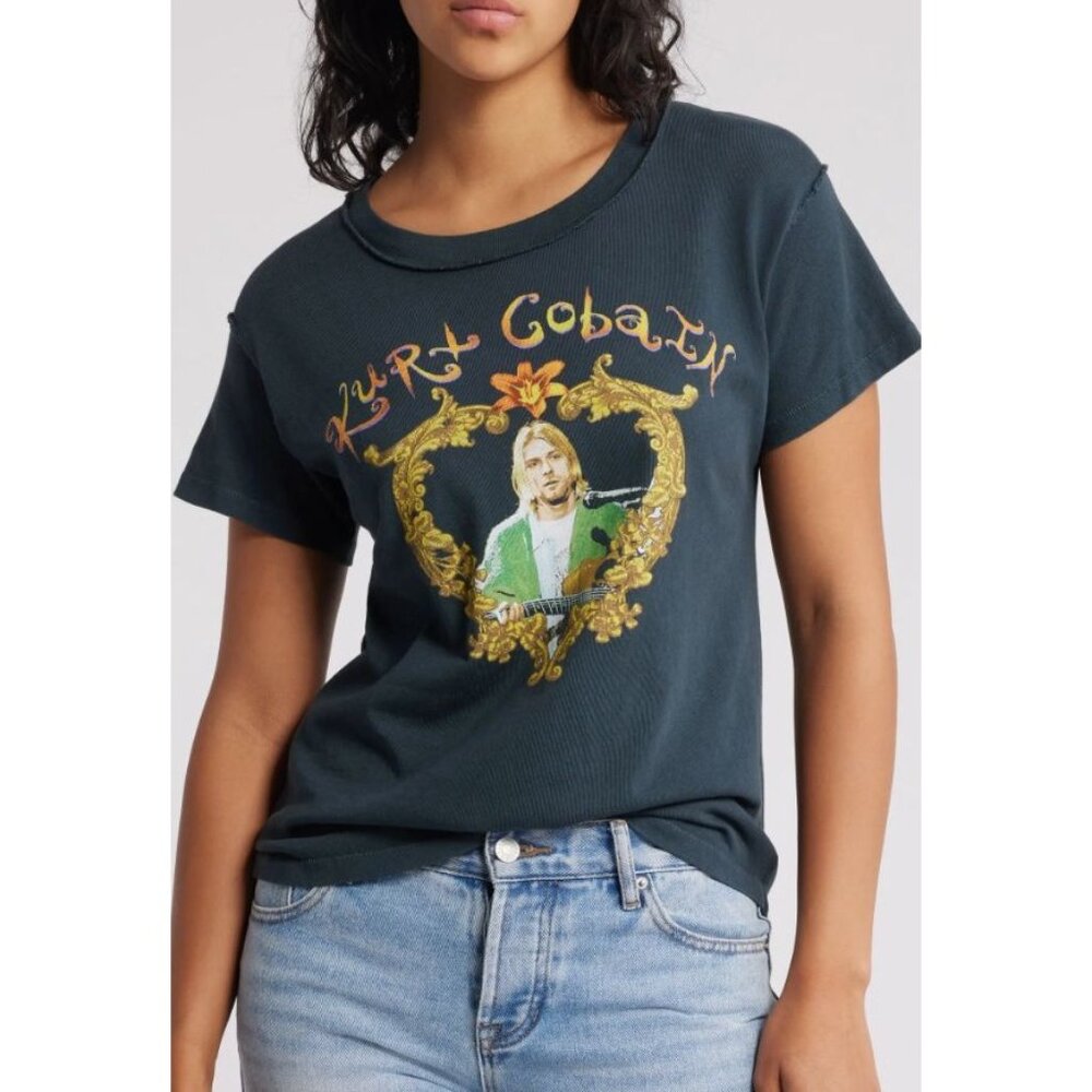DAYDREAMER Kurt Cobain Heart Frame Cotton Graphic Shirt Navy /Grey Sz Small NWT